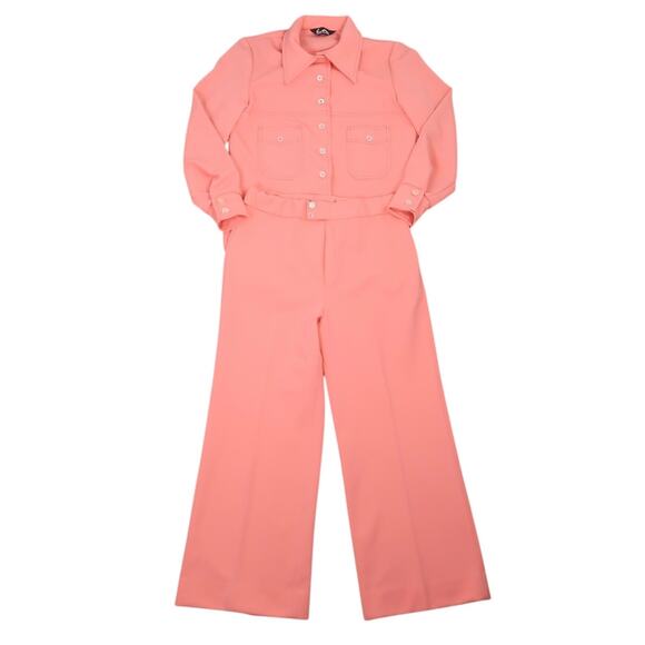 Vintage 70s Jack Winter Coral Orange Shirt and Pants Suit Set M - Picture 1 of 6